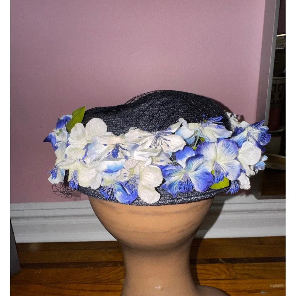 Vintage Luci Puci Bloomingdales Navy Straw Floral Pillbox Hat Birdcage‎ Veil 22